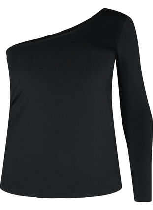 Kroppsnära blus med one-shoulder, Black, Packshot image number 0