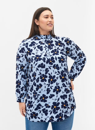 Långärmad tunika med volangkrage, Flower AOP, Model image number 0
