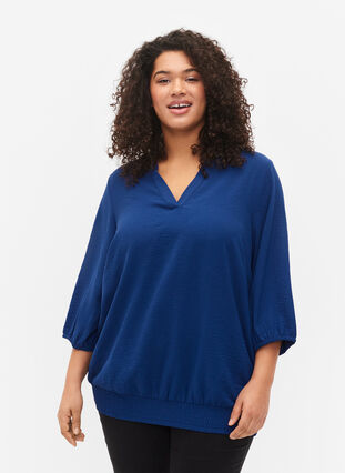 Blus med smock och 3/4-ärmar, Blue Depths, Model image number 0