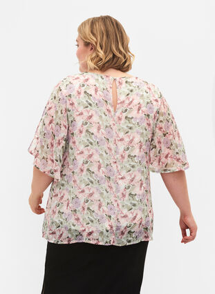 Blus i blommönster och slits vid ärm, Flower AOP, Model image number 1