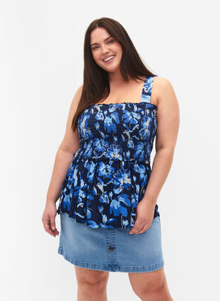 Amningsvänlig topp med smock, Blue Flower Print, Model image number 0