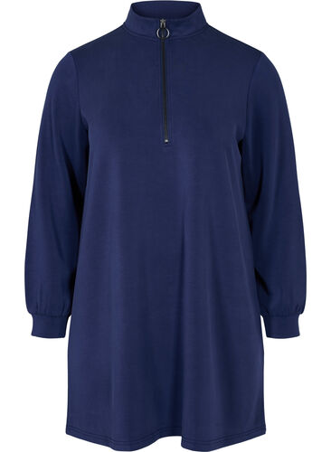 Tunika i sweatshirtmaterial med hög krage och dragkedja, Medieval Blue, Packshot image number 0