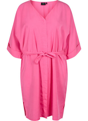 Klänning med 3/4-ärmar och knytband, Shocking Pink, Packshot image number 0