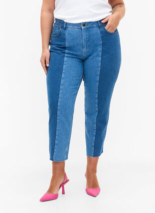 Croppade Vera jeans med colour block, Blue denim, Model image number 3