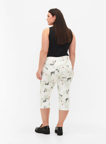 Capri jeans med blommönster och hög midja, White Flower AOP, Model image number 1