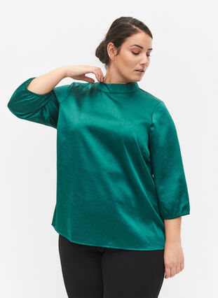 Blus med 3/4-ärmar och murarkrage, Evergreen, Model image number 0