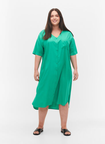 Kortärmad skjortklänning i viskos, Holly Green, Model image number 2