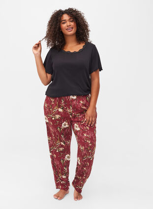 Kortärmad sovtröja med spetskant, Black, Model image number 2