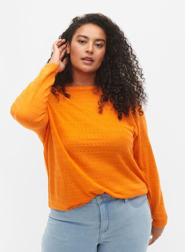 Stickad tröja med struktur och rund hals, Vibrant Orange, Model image number 0
