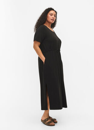 Midiklänning i bomull med korta ärmar, Black Solid, Model image number 2