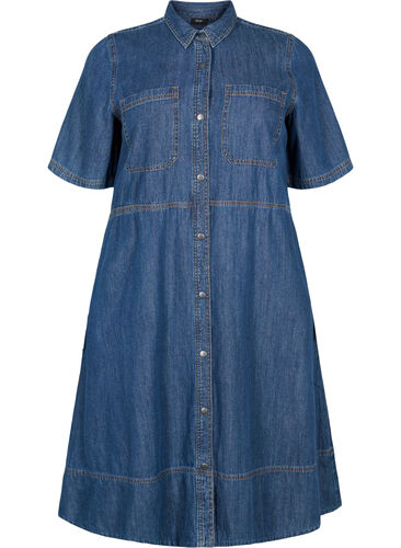 Skjortklänning i denim med korta ärmar, Dark blue denim, Packshot image number 0
