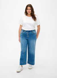 Croppade jeans med vida ben, Blue denim, Model