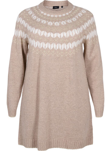 Stickad klänning med ull och mönster, Simply Taupe Comb, Packshot image number 0