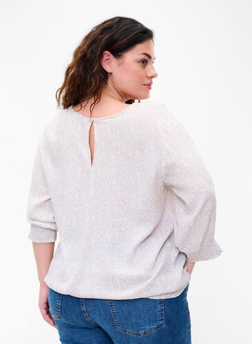 Blommig viskosblus med smock och 3/4-ärmar, White Ditsy AOP, Model image number 1