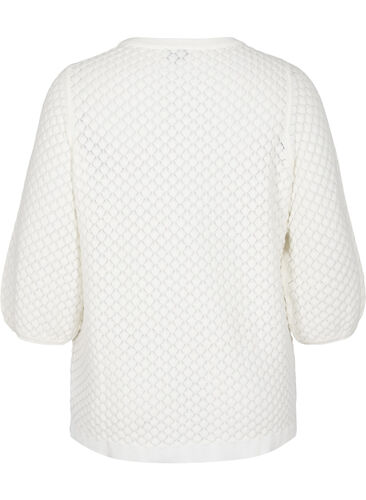 Stickad blus med mönster i ekologisk bomull med 3/4-ärmar , Cloud Dancer, Packshot image number 1