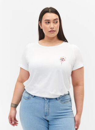 T-shirt i bomull med tryck framtill, Bright White FLOWER, Model image number 0