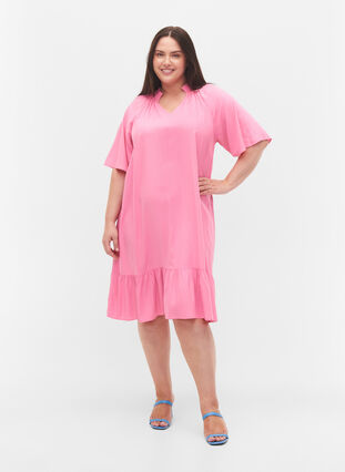 Kortärmad klänning i viskos med v-ringning, Aurora Pink, Model image number 2