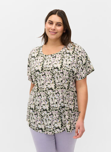 Kortärmad blus i viskos, Green Purple Mix, Model image number 0