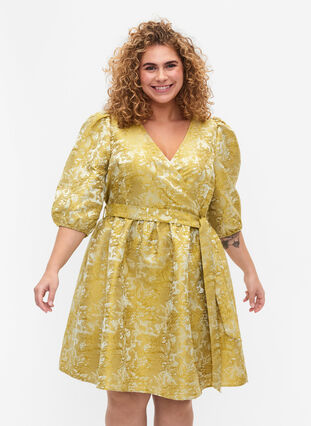 Kort omlottklänning med 3/4-ärmar, Pear Liqueur, Model image number 0