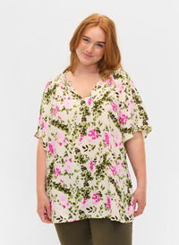 Viskosblus med korta ärmar, Green Pink AOP, Model