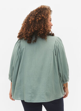 Viskos-Linne Mix Skjorta Blus med 3/4 Ärmar, Chinois Green, Model image number 1