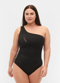 One-shoulder baddräkt med mesh, Black, Model