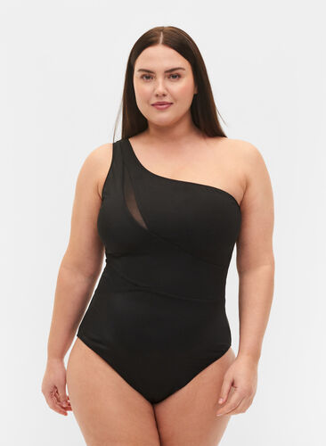 One-shoulder baddräkt med mesh, Black, Model image number 0