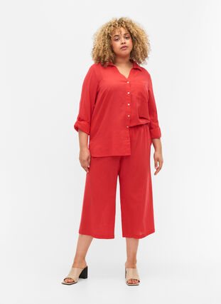 Croppade byxor i bomullsmix med linne, Hibiscus, Model image number 0