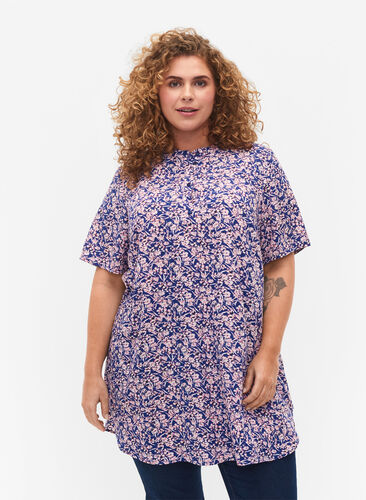 FLASH - Tryckt tunika med korta ärmar, Strong Blue Flower, Model image number 0