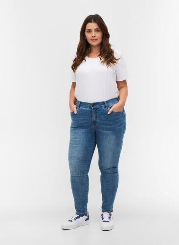 Croppade Amy jeans med hög midja och rosett, Blue denim, Model image number 3
