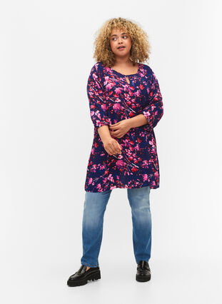 Tunika i viskos med 3/4-ärmar, B. Blue/Pink Flower, Model image number 2