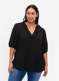 Blus i viskos med puffärm och volanger, Black, Model