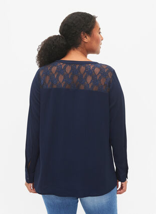 Långärmad blus med spetsdetalj , Navy Blazer, Model image number 1