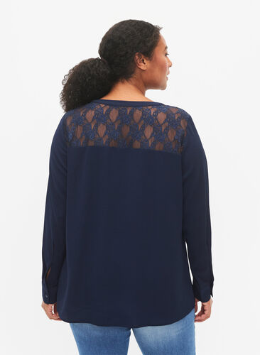 Långärmad blus med spetsdetalj , Navy Blazer, Model image number 1