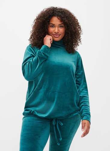 Tröja i velour med hög hals och snörning, Ponderosa Pine, Model image number 0
