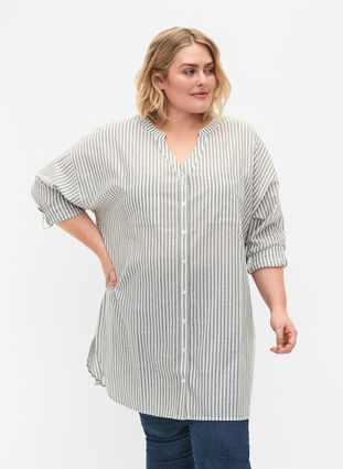 Randig tunika med V-ringad hals och knappar, Balsam Green Stripe, Model image number 0