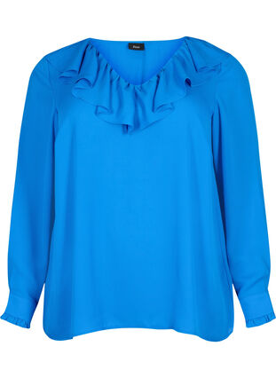 Långärmad blus med volang, Strong Blue, Packshot image number 0