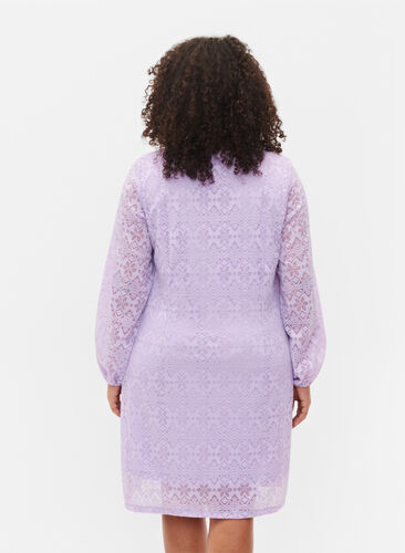 V-ringad klänning i spets med långa ärmar, Pastel Lilac, Model image number 1