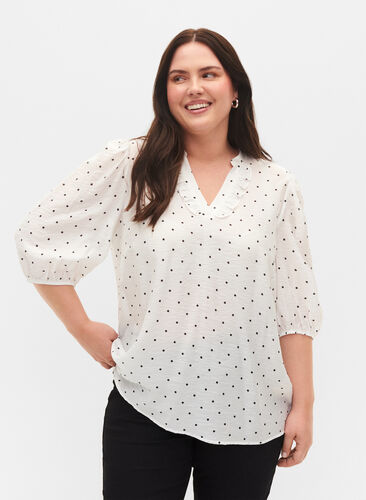 Prickig blus med 3/4-ärmar i viskoskvalitet, White Dot, Model image number 0
