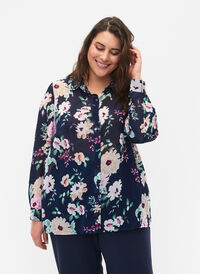 FLASH - Långärmad skjorta med blommönster, Navy Flower, Model