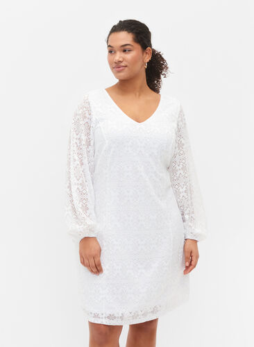 V-ringad klänning i spets med långa ärmar, Bright White, Model image number 0