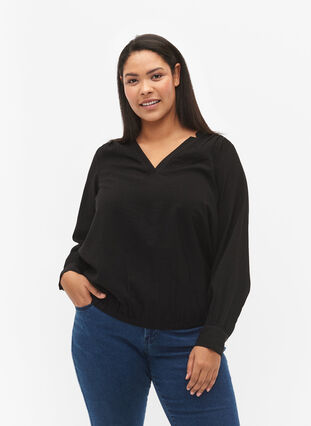 V-ringad blus i viskos, Black, Model image number 0
