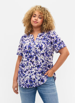 V-ringad blus med korta ärmar, Purple Small Flower, Model image number 0