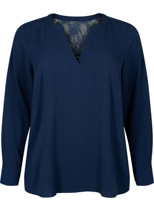 Långärmad blus med spetsdetalj , Navy Blazer, Packshot image number 0