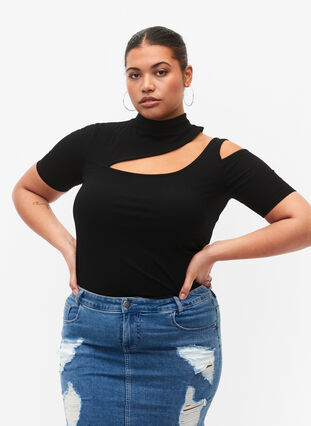 Kortärmad blus med utskuret parti, Black, Model image number 0