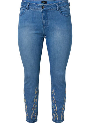 Croppade Emily jeans med broderi, Blue denim, Packshot image number 0