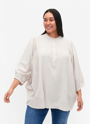 Viskos-Linne Mix Skjorta Blus med 3/4 Ärmar, Moonbeam, Model image number 0