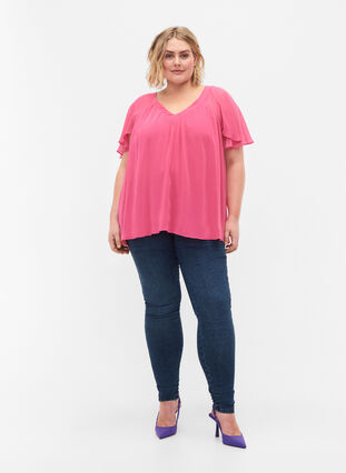 Enfärgad blus med fladdermusärmar och V-ringad hals, Shocking Pink, Model image number 2