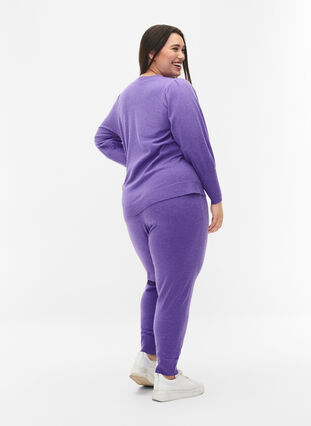 Stickade, melerade byxor med ribbade kanter, Purple Opulence Mel., Model image number 1