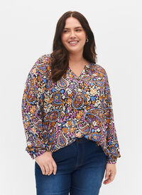 Blus i 100% viskos med blommigt mönster, Black G. Sky Paisley, Model
